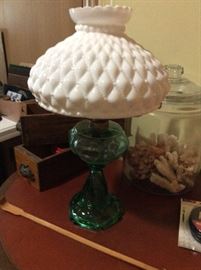Queen of Hearts Lamp with milk glass quilt pattern shade