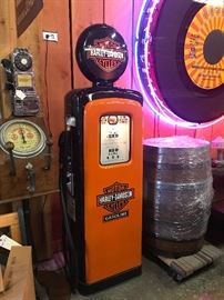 Harley gas pump  and Jack Daniels oak  barrel