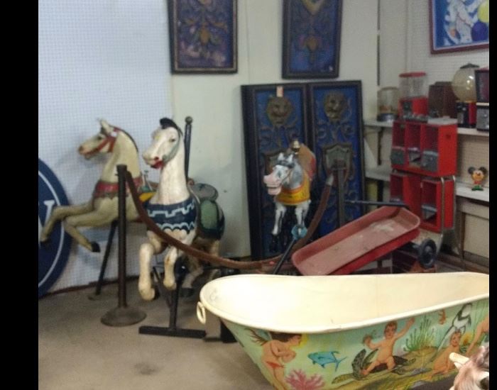 CAROUSEL HORSES FROM THE ERA OF 1920S-1950S. BEAUTIFULLY PAINTED  ~ & ~ COWBOY BATH TUB (5 FOOT LONG BY 26 INCHES AT THE TOP, WAS PAINTED BY A LOCAL ARTIST IN MONTGOMERY, ALABAMA.