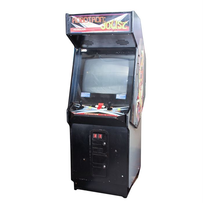 Retrocade Classic Edition Video Game Machine featuring Robotron and Joust: Retrocade Classic Edition Video Game Machine featuring Robotron and Joust 2004 This dedicated black RK game machine can be set for free play or for coin-operated games at 25 cents a piece. One or two people can play. The graphics are in shades of red, yellow blue and white with ostrich birds featured on the side. Powers on with electronic wall plug.
