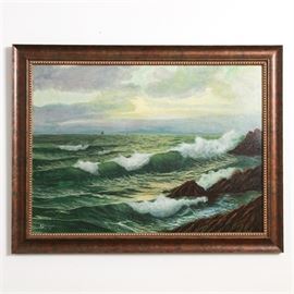 F. Bridges Acrylic Painting on Canvas of Surf Under Clouds: An acrylic painting on canvas of a seascape under colorful clouds. The depiction of waves breaking on rocks and a greenish sea beneath lavender clouds is signed “F. Bridges” in the lower left corner. The painting is framed in a molded wood frame with a beaded fillet.