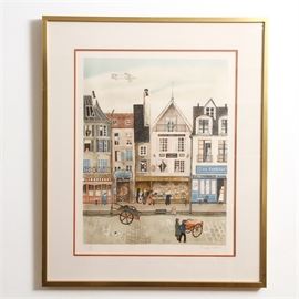 Eugene Valentin Limited Edition Lithograph "Hotel Centrale": A framed limited edition lithograph titled Hotel Centrale after Eugene Valentin. The print, after a watercolor and ink depiction of a French street scene busy with shoppers and vendors, is numbered 170/225 and is signed in the margin in pencil in the lower right corner. There is a Certificate of Authenticity attached to the back. It is framed in a narrow red frame.