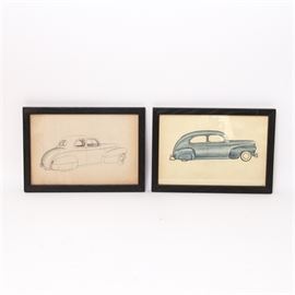Ralph Lepre Drawings on Paper of Vintage Automobiles: A selection of pencil and colored pencil drawings of vintage automobiles by Ralph Lepre. The drawings are signed and have been framed.