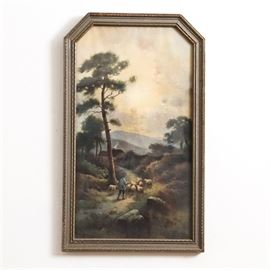 After J. W. Gozzard Offset Lithograph on Paper "A Track Across The Moors": An offset lithograph print on paper after a painting titled A Track Across The Moors by J. W. Gozzard (1888 – 1950). The print depicts a male figure guiding his flock sheep along a dirt path flanked by foliage. The path leads to a small house with mountains in the background. Signed in plate on the lower left corner. The piece is under glass and set in a gray wood frame.