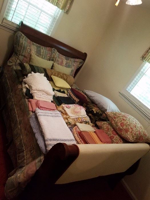 Sleigh Bed, Linens, Rugs, Pillows, Bedding, Etc. 
