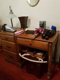 Wood Desk, Desk Lamp, Hand Vacuum