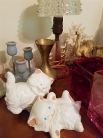 kitten figures, brass vase, wood candlestick holder