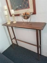 narrow wood accent table, sofa or entry way table, pot pourri dish, candle holders and candles