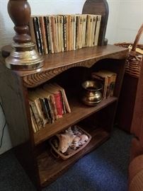 solid wood, hand crafted book shelf, shell decor, books, spittoon