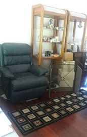 2 styles of leather recliners, lighted etegeres, carpet runners, fireplace screen