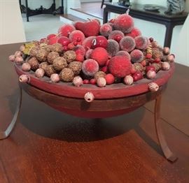 CENTERPIECE MADE FROM BEADED FAUX FRUIT AND UNIQUE FINDINGS, IN A HEAVY BOWL WITH METAL LEGS