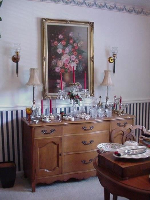 Floral still life, oil on canvas, and small buffet, French style; pair of buffet lamps, elaborate crystal candelabra, many smalls