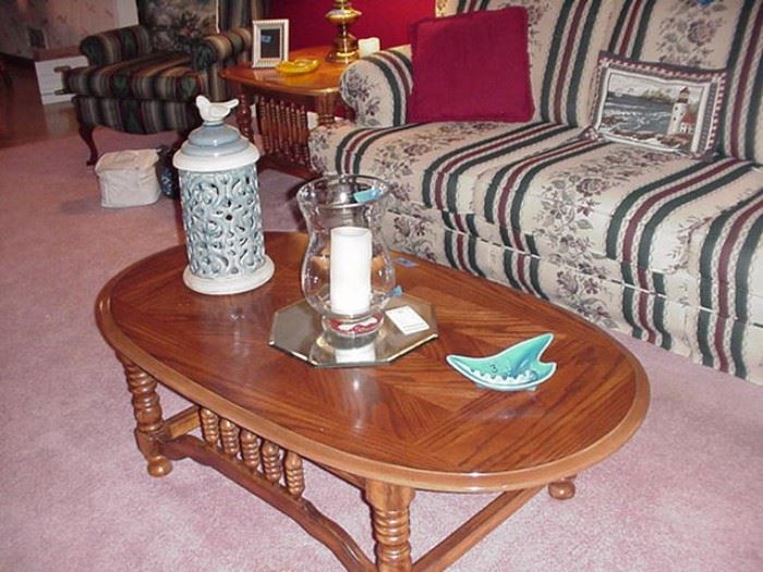 Oak coffee table; Pierced pottery covered container; candle, ashtray