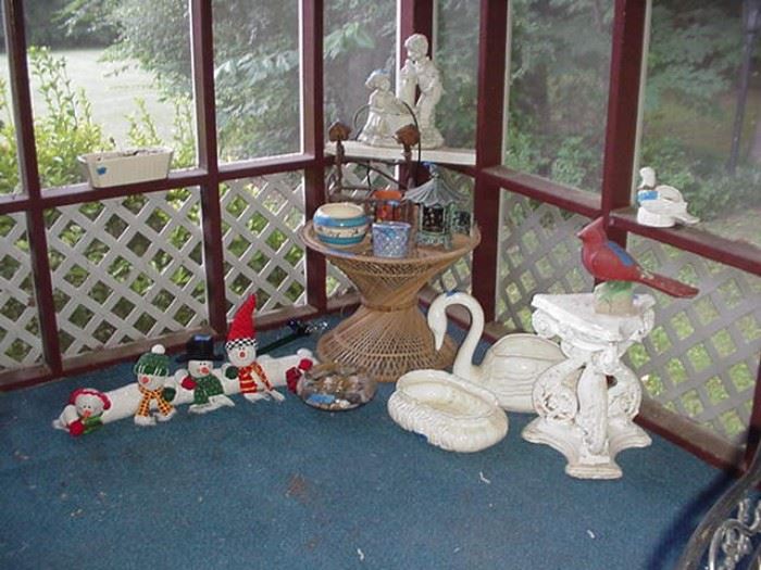 Fountain; lantern; concrete cardinal; ceramic swan and planter; bird houses; more decorative Christmas