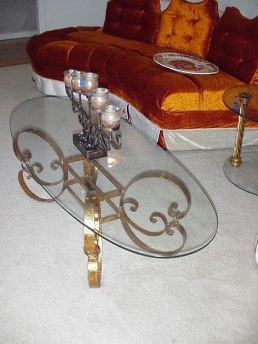 Gilded metal base table with glass top