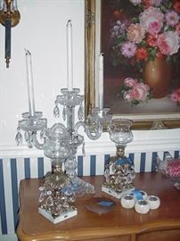 Marble base candlestick lamps with prisms, Made in Italy; elaborate three branch candelabrum
