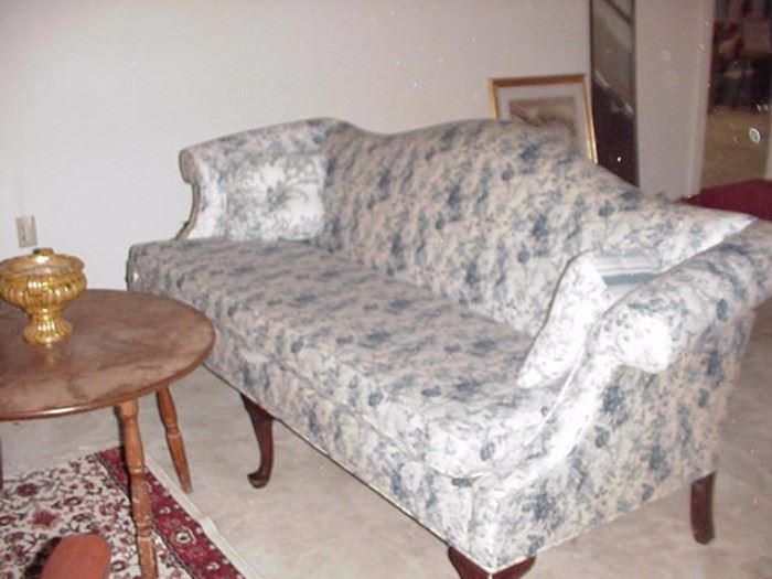 Ethan Allen Chippendale style sofa with blue floral upholstery