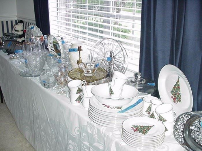 Christmas dinnerware, lots of glassware, and other serving accessories