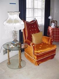 Mid-century Hollywood Regency arm chair; brass and marble lamp with prisms; mid-century Italian side table(pair)
