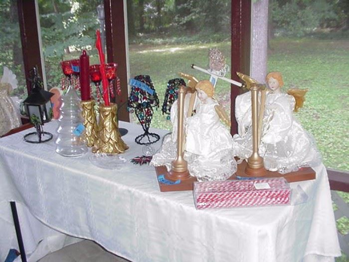 Christmas candlesticks, angels, and other accessories