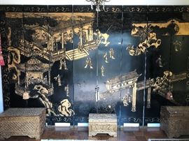 Eight Panel Chinese black lacquer and gilt folding screen.