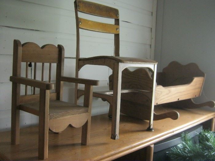 Child's chairs and wood cradle