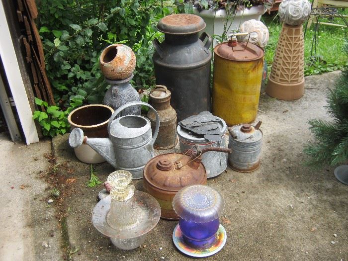 Lawn ornaments - milk cans, watering cans, bird baths, gas cans, ceramic balls