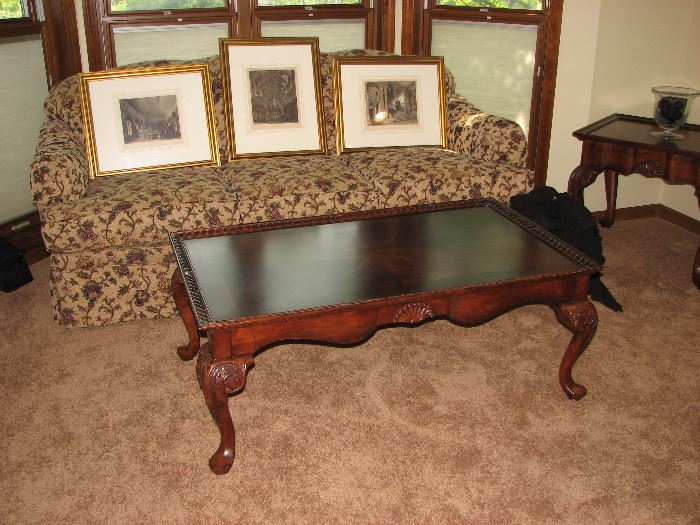 inlaid mahogany chippendale coffee table, sofa, architectural prints