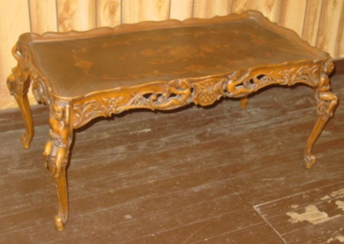 Ornate Inlaid Top Coffee Table w/Carved Cherubs