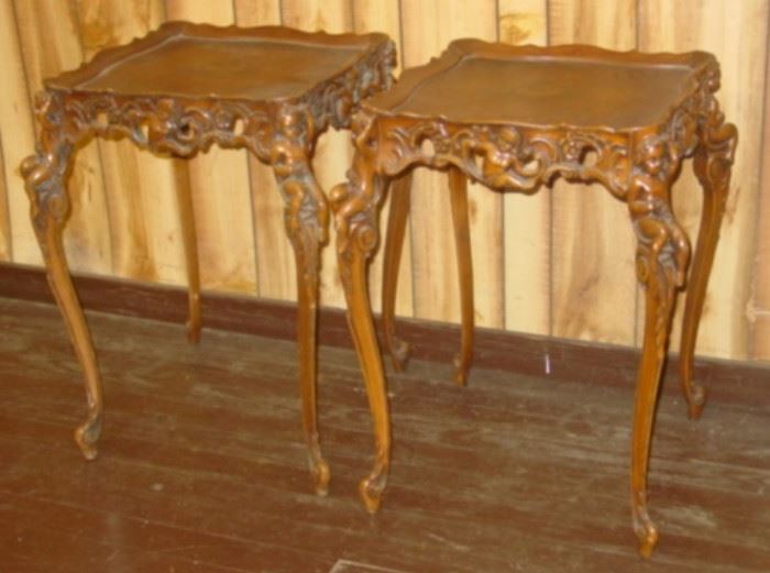 Ornate Inlaid Top Lamp Tables w/Carved Cherubs (Matches Coffee Table)