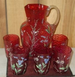 Cranberry Glass Water Set