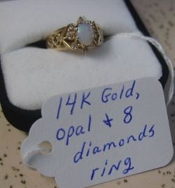 14K Gold, Opal & 8 Diamonds Ring