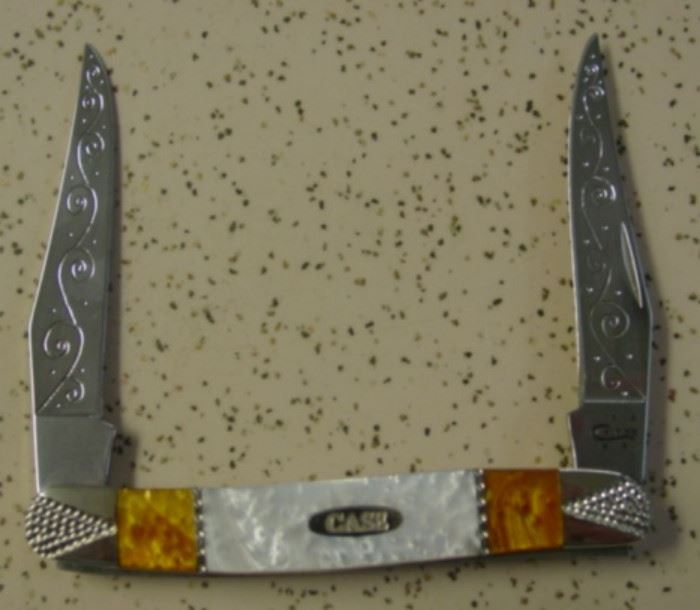Case XX Muskrat Knife w/Gold & White Pearl Handles - Engraved Bolsters & Scroll On Blades - Mint