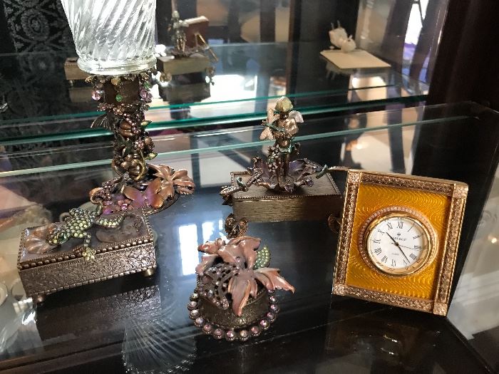 Faberge small quilliouche clock and Kirks folly trinket boxes.