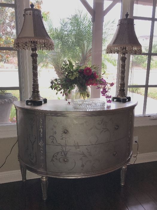 Beautiful silver painted demi lune and accessories. Drexel Heritage Piece.  beautiful quality