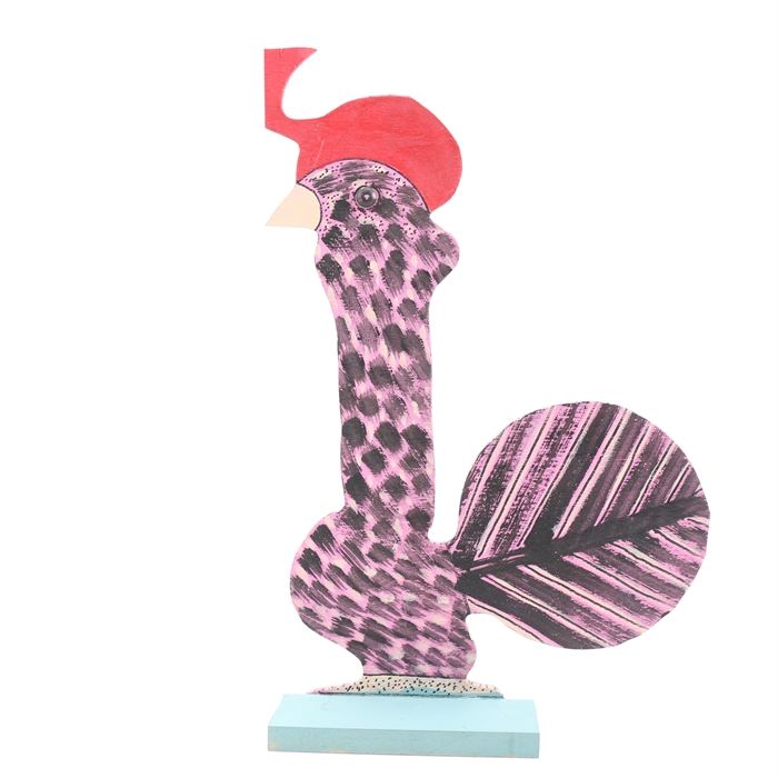 Marvin Finn Folk Art Quail Sculpture: A hand-crafted wood quail sculpture by Marvin Finn (1913 – 2007). This folk art piece is made of a carved, flat board mounted on a wood base. It depicts a stylized quail with a red plume and purple, black, and white body and tail feathers. The base is painted light blue. The piece is signed “2000 Finn” on the underside. Marvin Finn was born in Alabama and starting producing unique folk art in 1972.