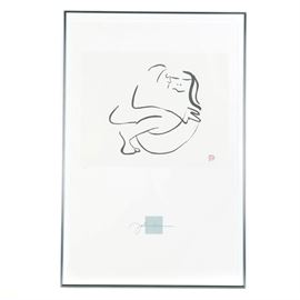 Limited Edition Lithograph After John Lennon "Bag One": A limited edition lithograph print on paper, titled Bag One, after a sketch by Beatles musician John Lennon (1940-1980). This loosely-rendered line drawing depicts two stylized figures embracing, which is presumed to be the musician and his wife, Yoko Ono. This piece is numbered 729/5000, and there is a red signature stamp to the lower right of the image, along with an embossed seal bearing a reproduction of Lennon’s signature in green foiled ink centered underneath the image. This print is matted under glass in a silver tone metal frame with a wire to the verso for hanging.