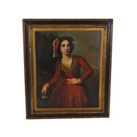 Antique Oil Painting on Canvas of a Turkish Woman: An antique oil painting on canvas of a Turkish woman. This Victorian style portrait depicts a woman in an elegant red dress with gold trim and a Turkish inspired hat, holding a rose. The figure glows against a dark background. There is no apparent signature, and the piece is mounted in an original antique wood frame with a black and gold tone finish. Hanging wire is affixed to the verso.