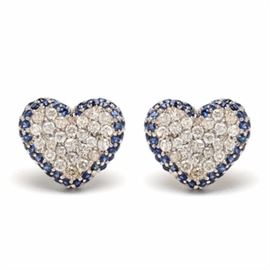 Pair of 18K White Gold Diamond and Sapphire Heart Shaped Earrings: A pair of 18K white gold diamond and sapphire heart shaped earrings.