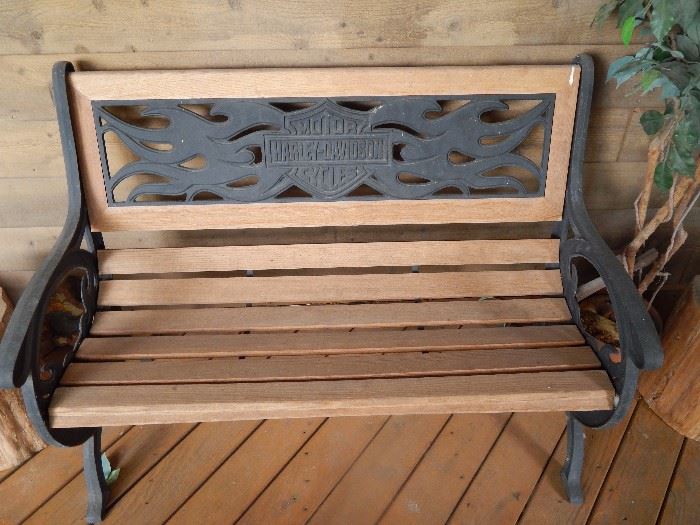 Harley Davidson cast iron and wooden bench with matching chairs