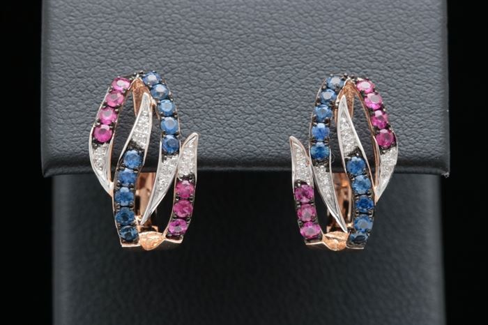 14K Rose Gold, Blue Sapphire, Ruby and Diamond Earrings: A pair of 14K rose gold, blue sapphire, ruby and diamond earrings.