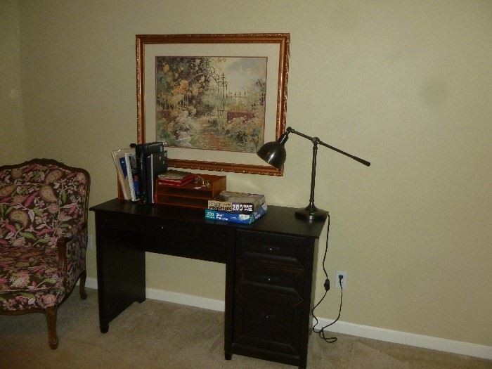 Nice black distressed desk, and desk lamp, office supplies