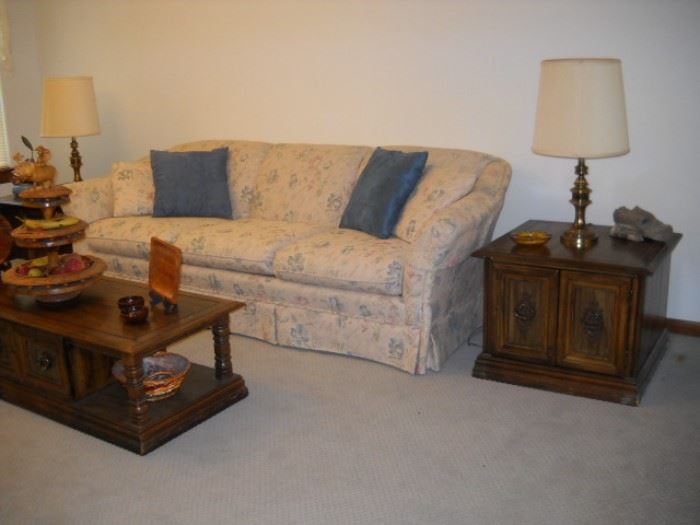 FLORAL SOFA AND END TABLE WITH DOORS FOR STORAGE