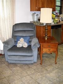 RECLINER AND OAK END TABLE