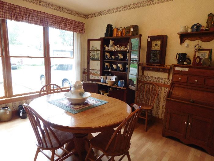 DSCN8502 5349RobinsonSale, Amish handmade oak table w/ chairs, antique roll top kitchen cabinet, advertising, antique cupboard w/glass doors