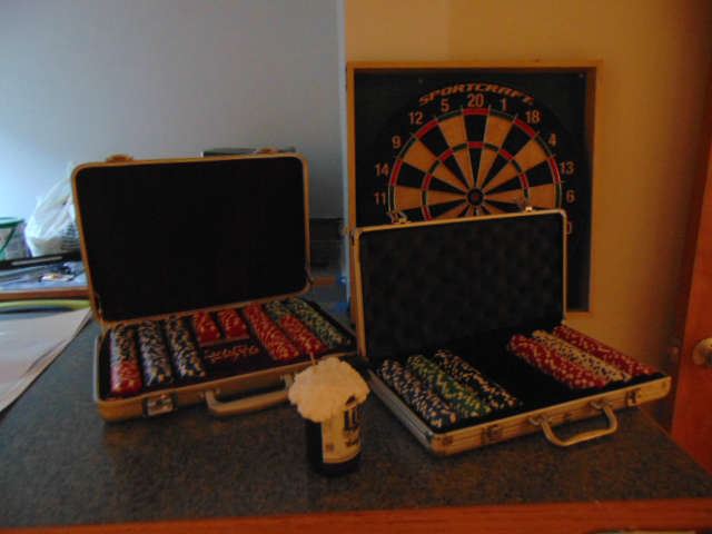 Poker kits, dart board