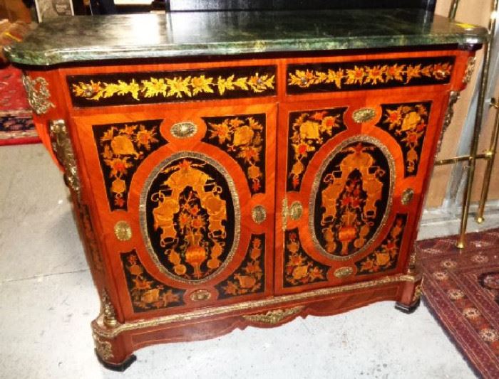 Antique Marble Top Cabinet with Intricate Inlay (has damage to right top of marble)