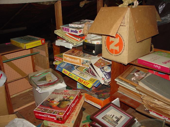 Tons of Vintage games, craft kits,photos, framed art, craft kits