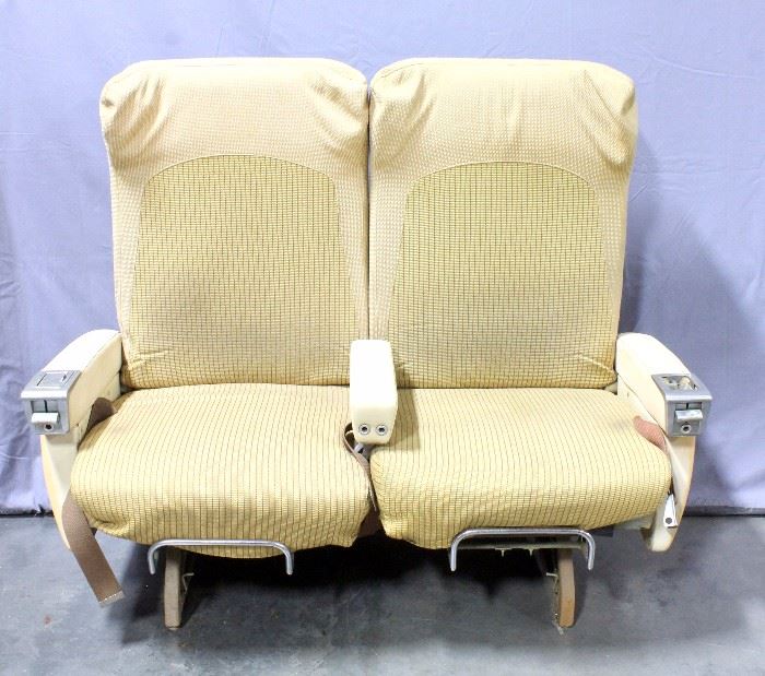 Pair of Original Boeing 747 Seats, Armrest Ashtrays, Seat Belts, Came from Old Overhaul Facility at KCI-TWA, 51"W x 42"H x 25'D
