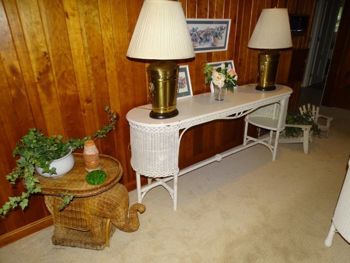 Wicker sofa table, wicker elephant end table, Frederick Cooper lamps.     ELEPHANT TABLE SOLD.  PAIR OF LAMPS ARE SOLD.